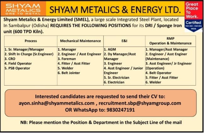 Shyam Metalics & Energy Ltd. Vacancy