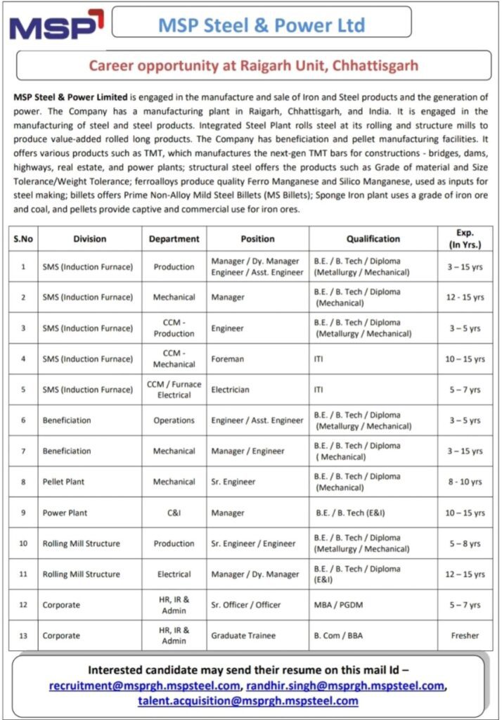 Msp Steel vacancy