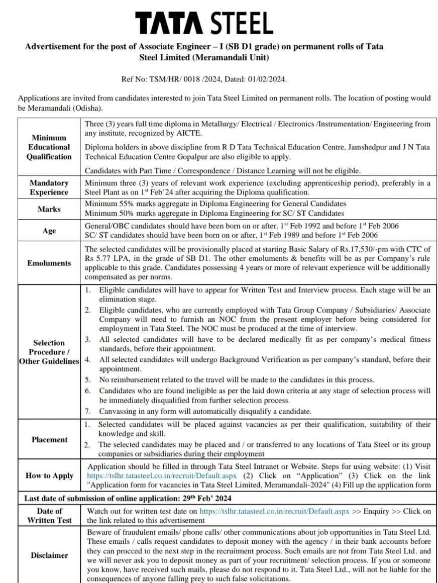 Tata Steel Hiring For Associate Engineer|