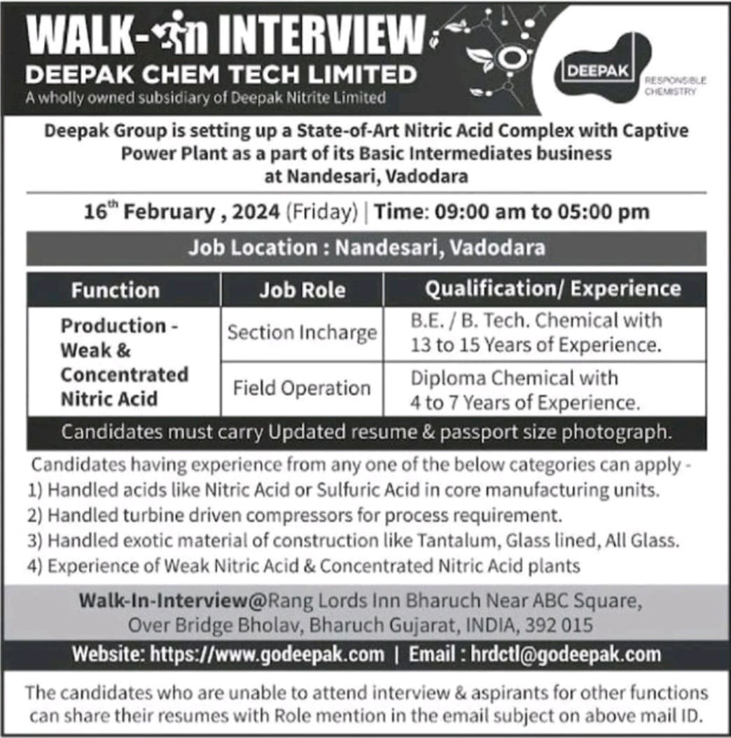 Deepak Chem Tech Ltd Hiring | Walk-in-Interview|