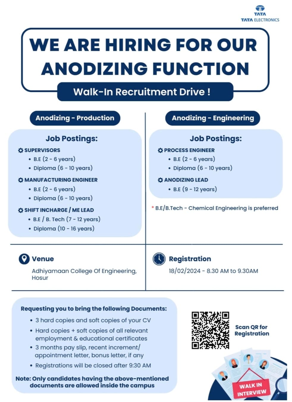 Tata Electronics Ltd Hiring| Walk-in-interview|