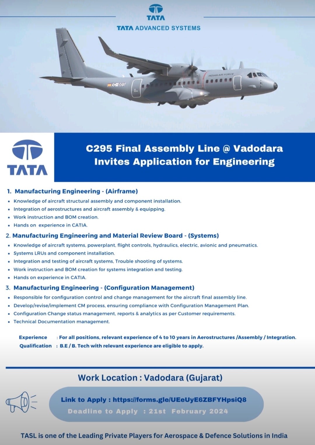 Tata Advanced Systems Hiring for Engineering