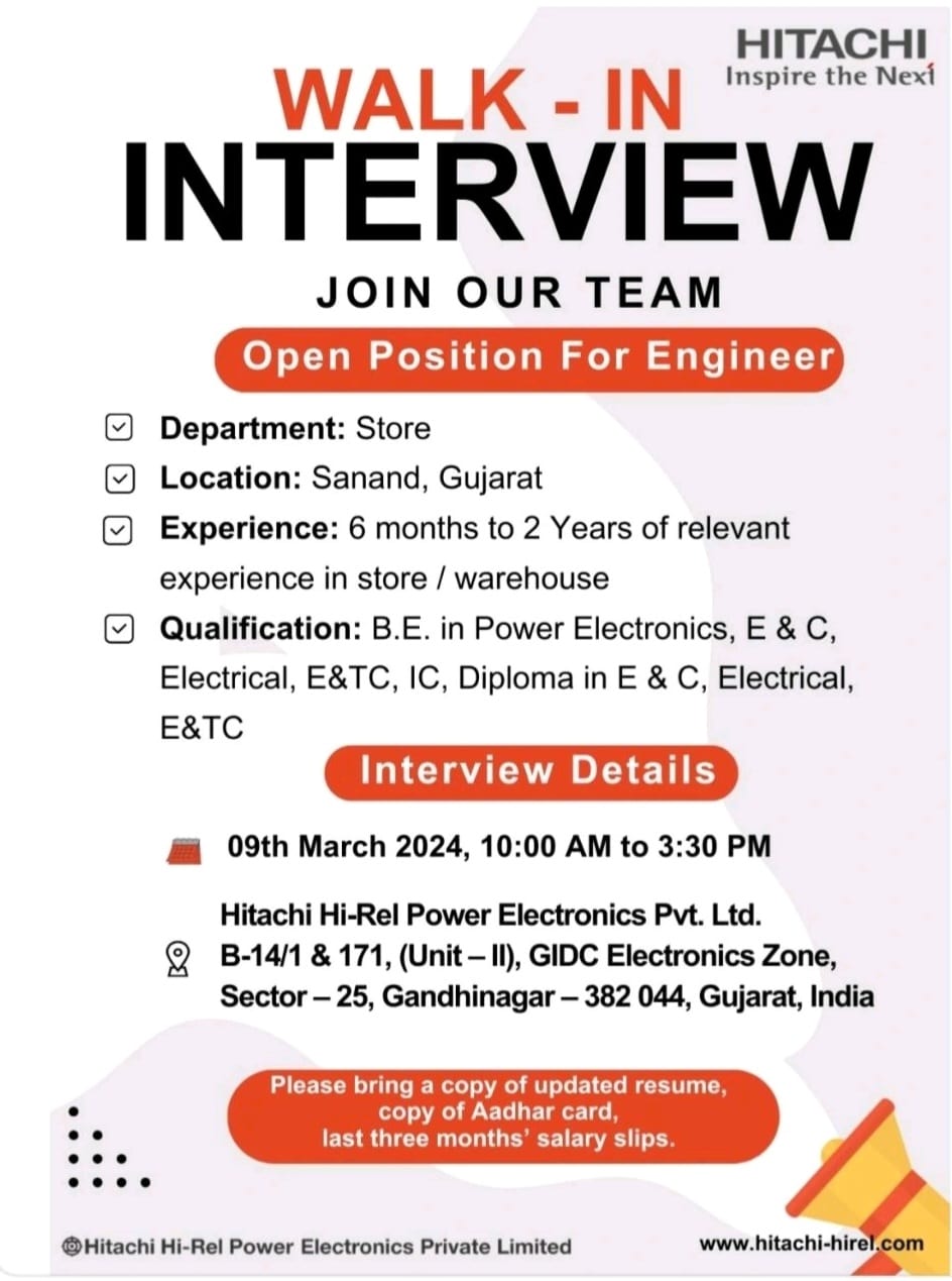 Hitachi Walk-in-Interview For Engineer| 09/03/24