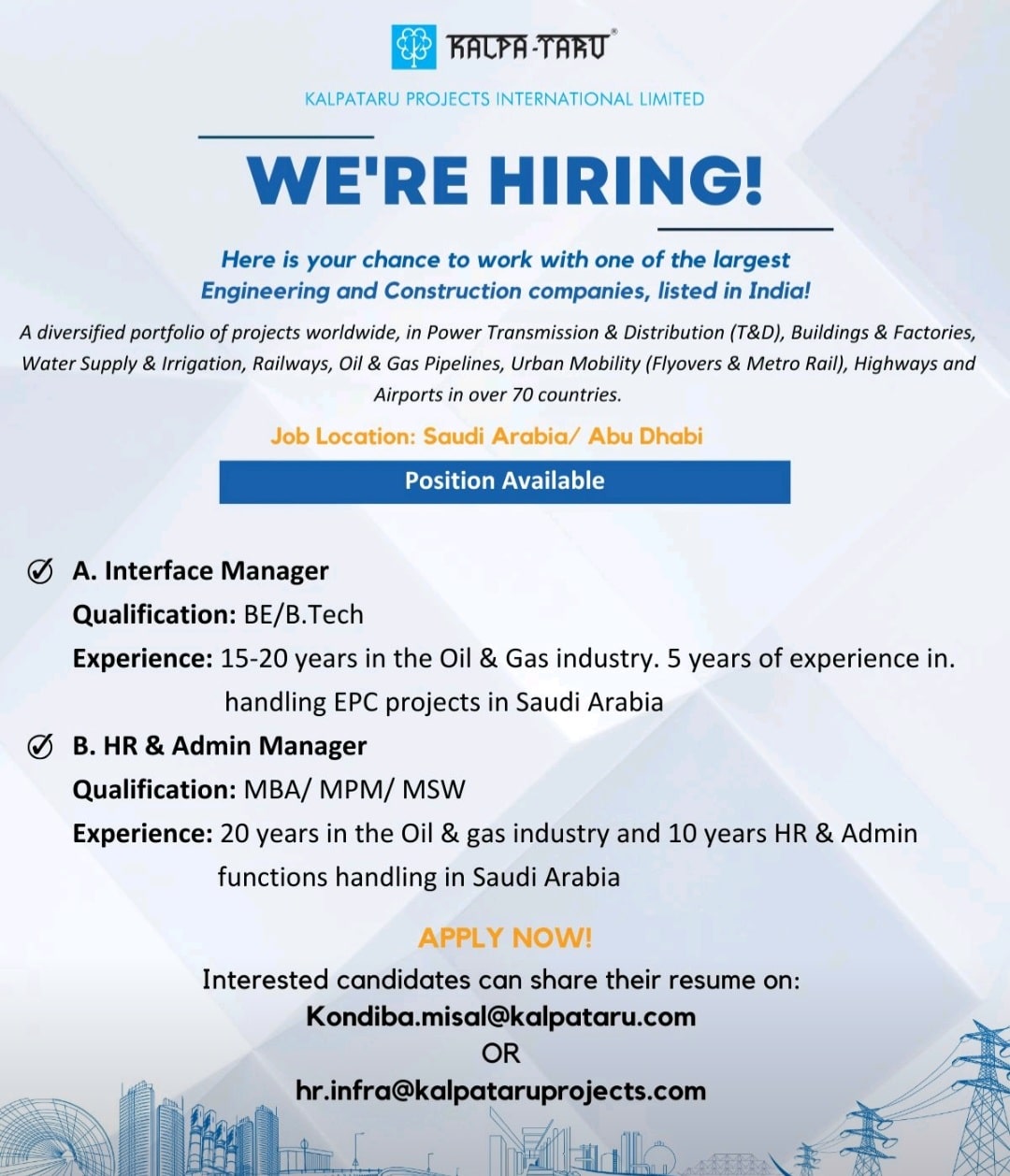 Kalpataru Projects Hiring