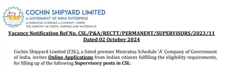 Cochin Shipyard Ltd Hiring