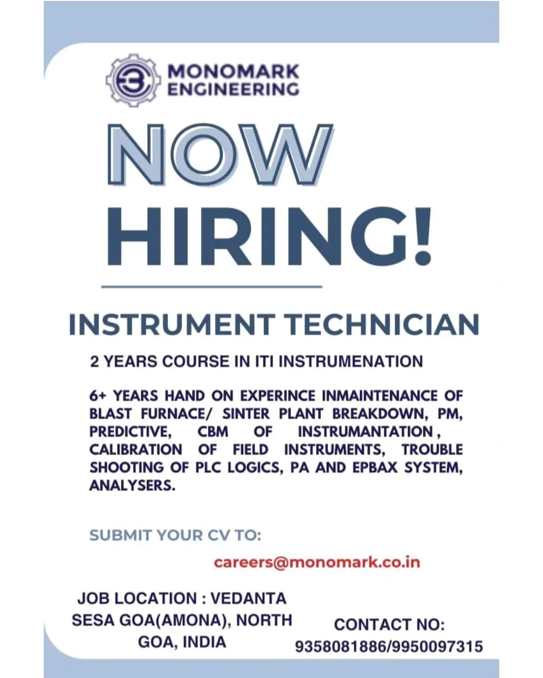 Monomark Engineering Hiring Technician