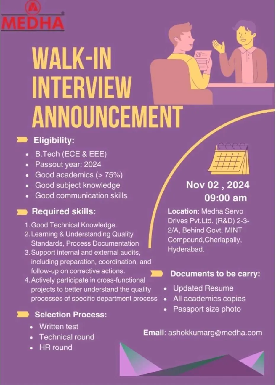 Walk-in Interview In Medha Group For Fresher