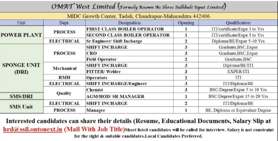 Shree Sidhbali Ispat Limited Hiring
