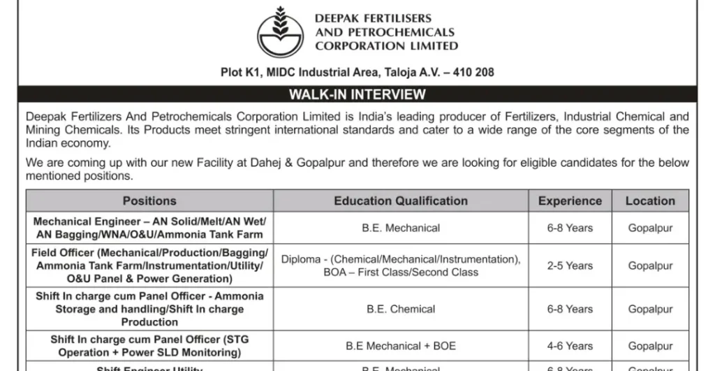 Deepak Fertilizers Walk-In Interview 2025
