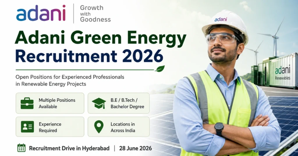 Adani Green Energy Recruitment 2026 website thumbnail featuring company branding, renewable energy background, and experienced professional hiring announcement.