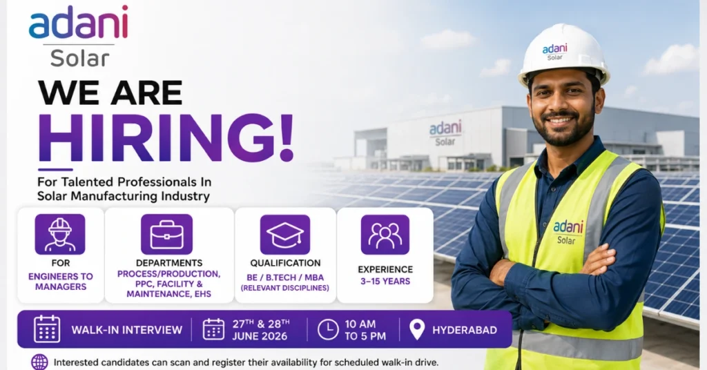 Adani Solar Recruitment 2026 thumbnail featuring Engineers and Managers hiring with official company logo and solar manufacturing theme