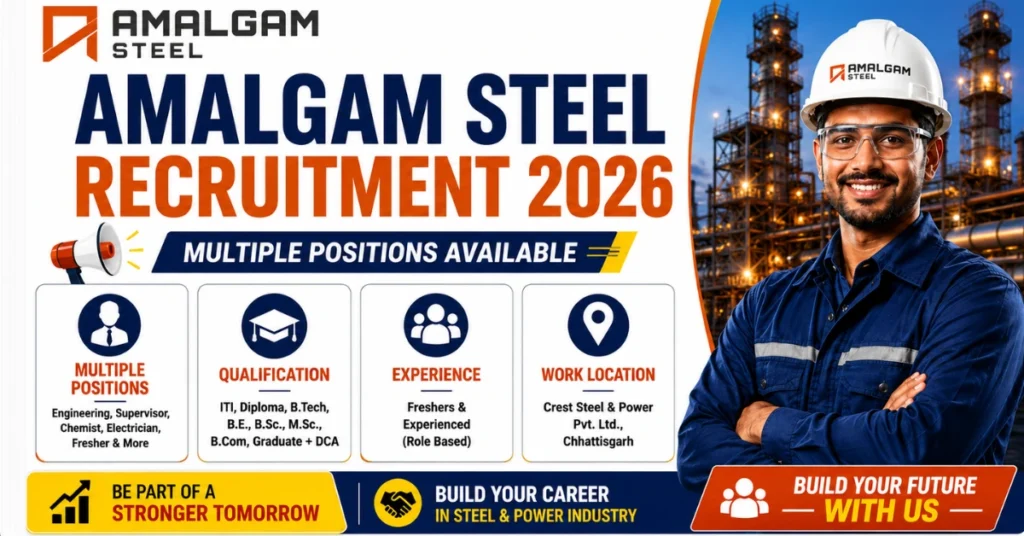 Amalgam Steel Recruitment 2026 thumbnail featuring multiple job openings for engineers, supervisors, freshers, and technical professionals.