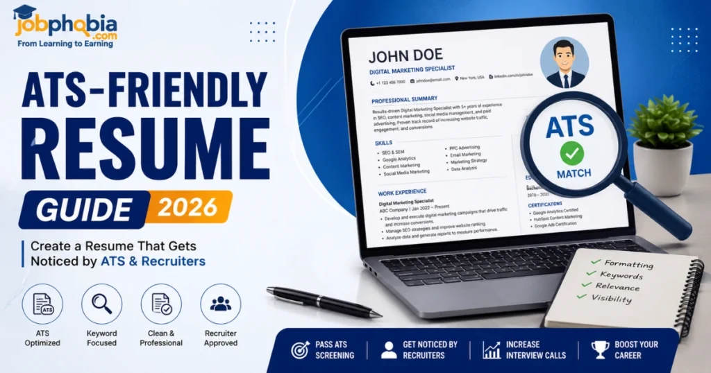 Professional ATS-friendly resume guide banner showing a resume on a laptop with an ATS match indicator and recruiter-focused design for job seekers.