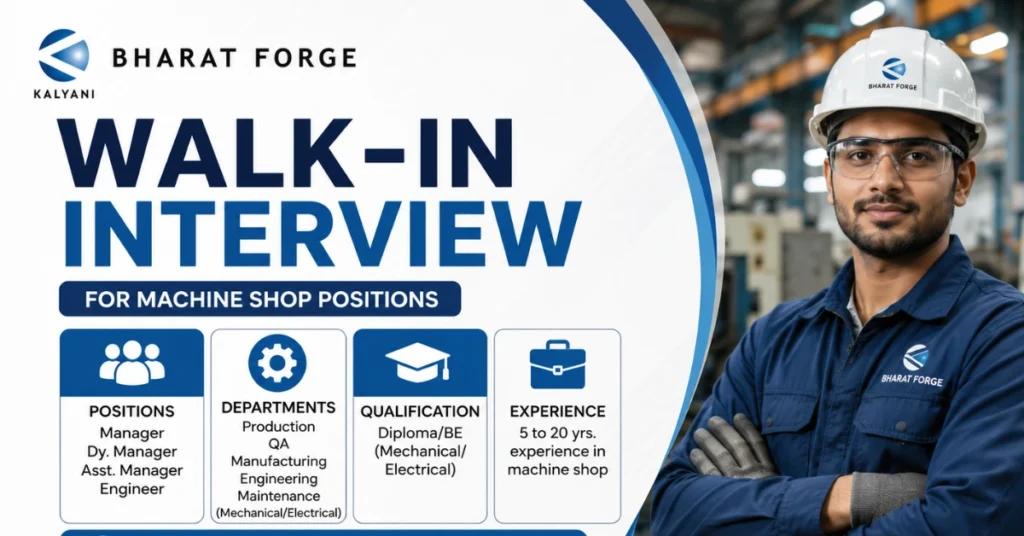 Bharat Forge Recruitment 2026 walk-in interview for Machine Shop positions including Production, QA, Manufacturing Engineering and Maintenance roles.