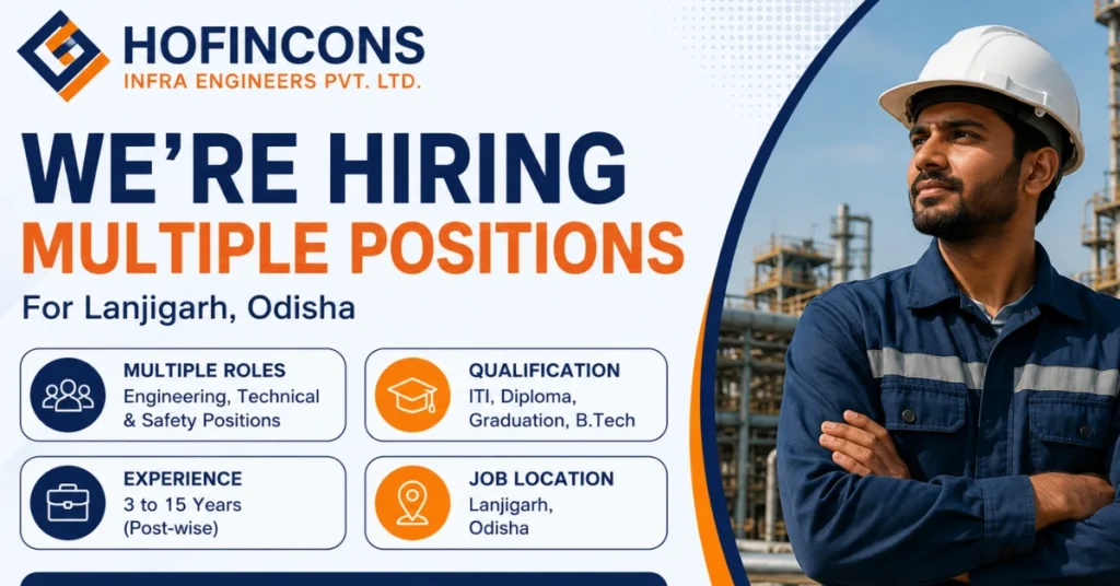 HOFINCONS Recruitment 2026 website thumbnail showing engineering, safety, and technician hiring opportunities in Lanjigarh, Odisha with industrial background and company branding.