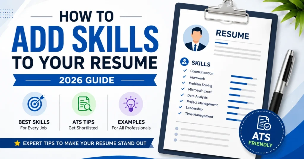 Featured image for a guide on how to add skills to your resume, showing a professional resume with ATS-friendly skills, examples, and resume writing tips.
