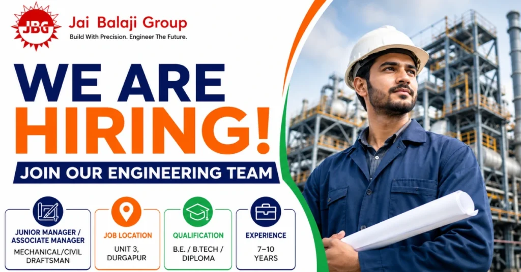 Jai Balaji Group Recruitment 2026 thumbnail for Junior Manager and Associate Manager Mechanical Civil Draftsman hiring