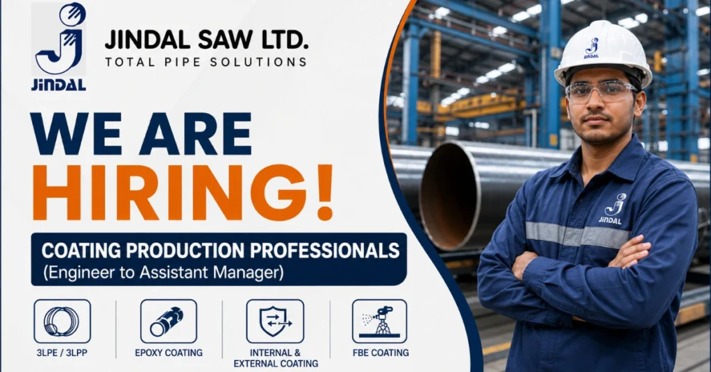 Jindal SAW Ltd Recruitment 2026 thumbnail for Coating Production Professionals Engineer to Assistant Manager hiring