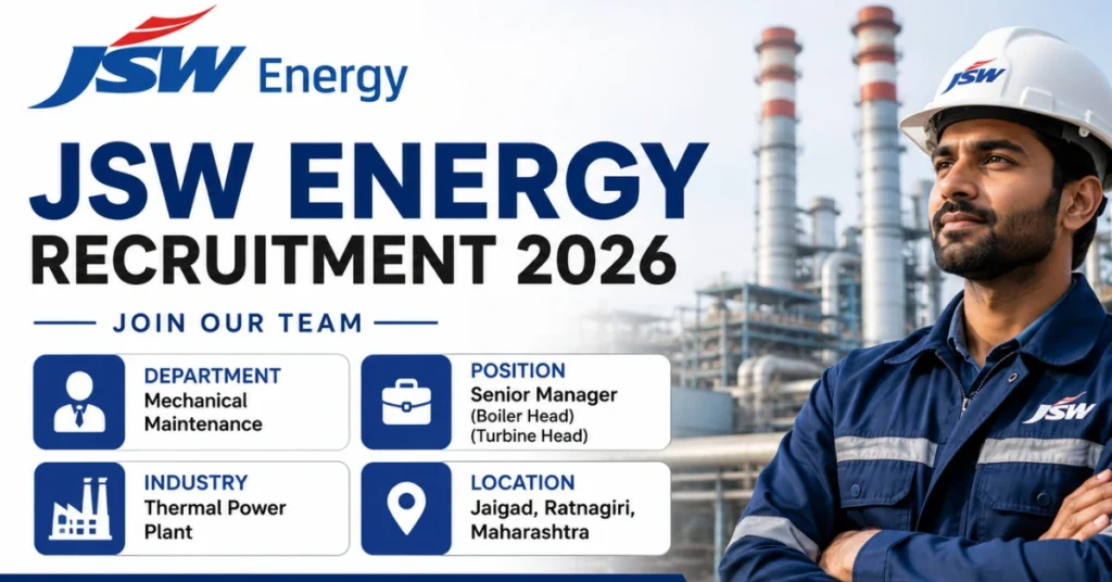JSW Energy Recruitment 2026 thumbnail featuring Senior Manager Mechanical Maintenance jobs for Boiler Head and Turbine Head positions at JSW Energy.