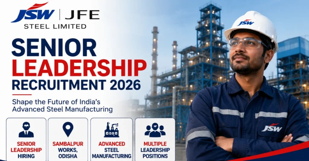JSW JFE Steel Recruitment 2026 Senior Leadership Hiring thumbnail featuring JSW JFE Steel Limited logo, industrial background, and leadership recruitment information.