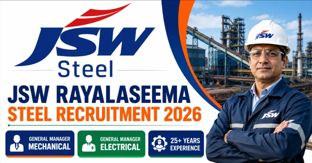 JSW Rayalaseema Steel Recruitment 2026 hiring General Manager Mechanical and General Manager Electrical professionals with 25 plus years experience