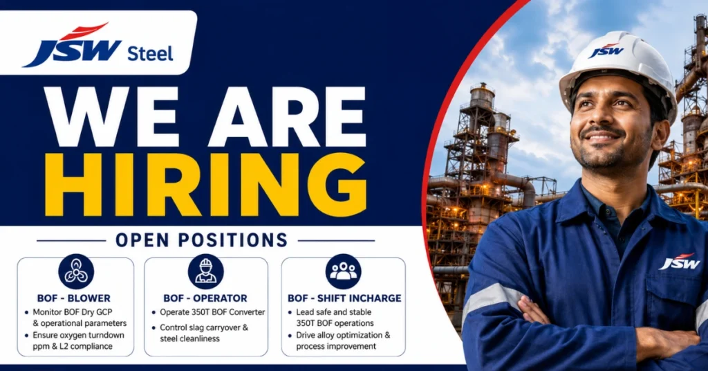 JSW Steel Recruitment 2026 thumbnail featuring BOF Blower, BOF Operator and BOF Shift Incharge hiring opportunities.