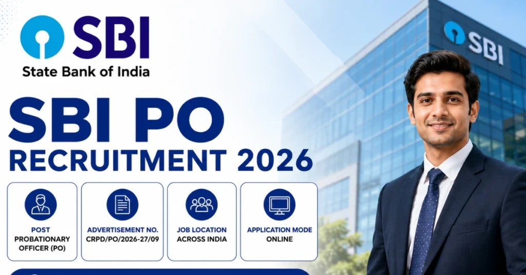 SBI PO Recruitment 2026 thumbnail featuring State Bank of India logo, Probationary Officer recruitment details, and banking professional
