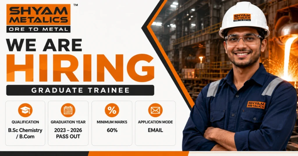 Shyam Metalics Sambalpur Recruitment 2026 website thumbnail featuring Graduate Trainee hiring for B.Sc Chemistry and B.Com graduates with qualification, graduation year, minimum marks, and job code details.