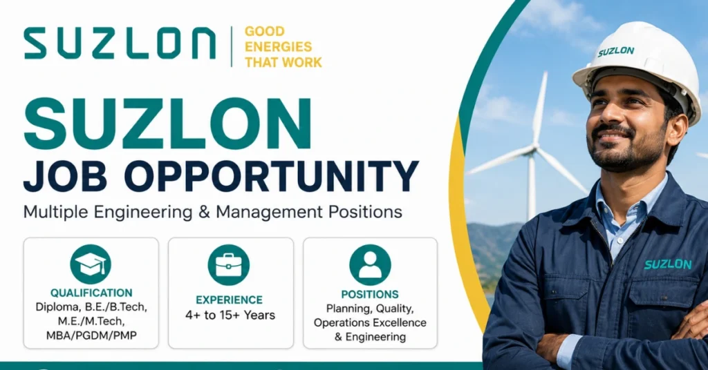 Suzlon Walk-In Interview 2026 recruitment for engineers and managers in the renewable energy sector