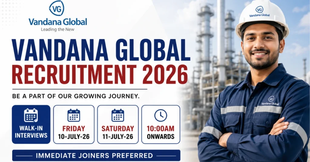Vandana Global Recruitment 2026 walk-in interview for multiple job openings with official company logo and industrial worker.