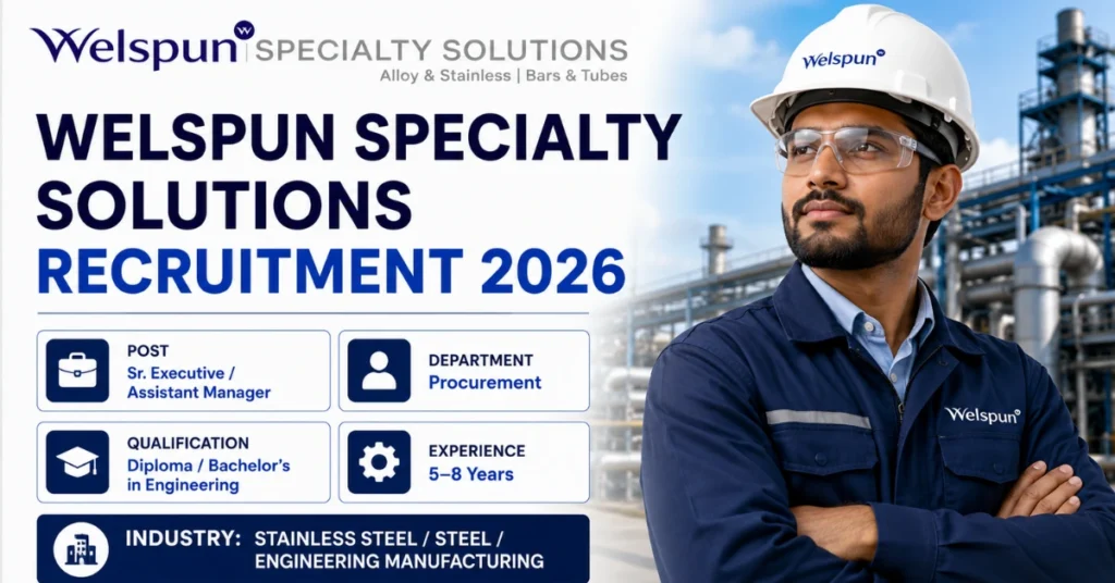Welspun Specialty Solutions Recruitment 2026 thumbnail showing Sr. Executive and Assistant Manager Procurement job opportunity.