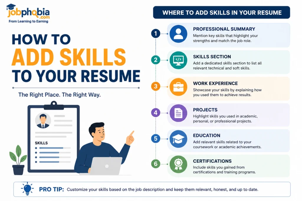 Infographic showing where to add skills in your resume, including the professional summary, skills section, work experience, projects, education, and certifications.