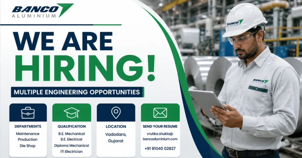 Banco Aluminium Recruitment 2026 hiring for multiple Engineering and Technical positions in the Maintenance, Production, and Die Shop departments.