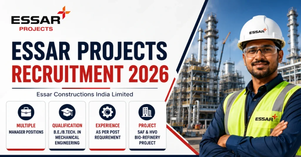 Essar Projects Recruitment 2026 website thumbnail for multiple Manager and Engineering positions at Essar Constructions India Limited