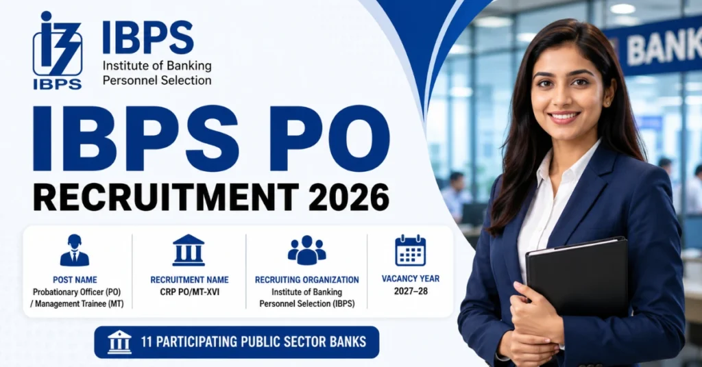 IBPS PO Recruitment 2026 official recruitment thumbnail for Probationary Officer and Management Trainee CRP PO MT XVI