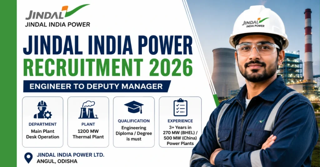 Jindal India Power Recruitment 2026 thumbnail for Engineer to Deputy Manager positions at the 1200 MW Thermal Power Plant.