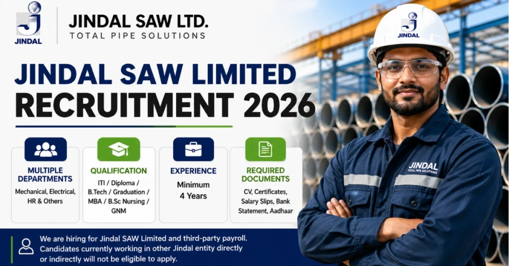 Jindal Saw Limited Recruitment 2026 website thumbnail for multiple job openings in technical and non-technical departments.