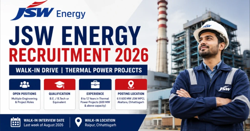 JSW Energy Recruitment 2026 Walk-In Drive thumbnail for Thermal Power Projects showing company logo, engineer, and thermal power plant background.