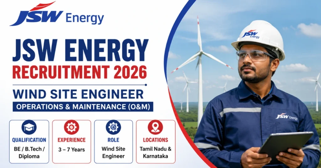 JSW Energy Recruitment 2026 website thumbnail for Wind Site Engineer (Operations & Maintenance) jobs with qualification, experience, and official company branding.