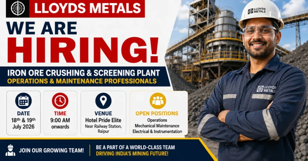 Lloyds Metals Recruitment 2026 website thumbnail showing walk-in interview for Operations, Mechanical Maintenance, and Electrical & Instrumentation jobs.