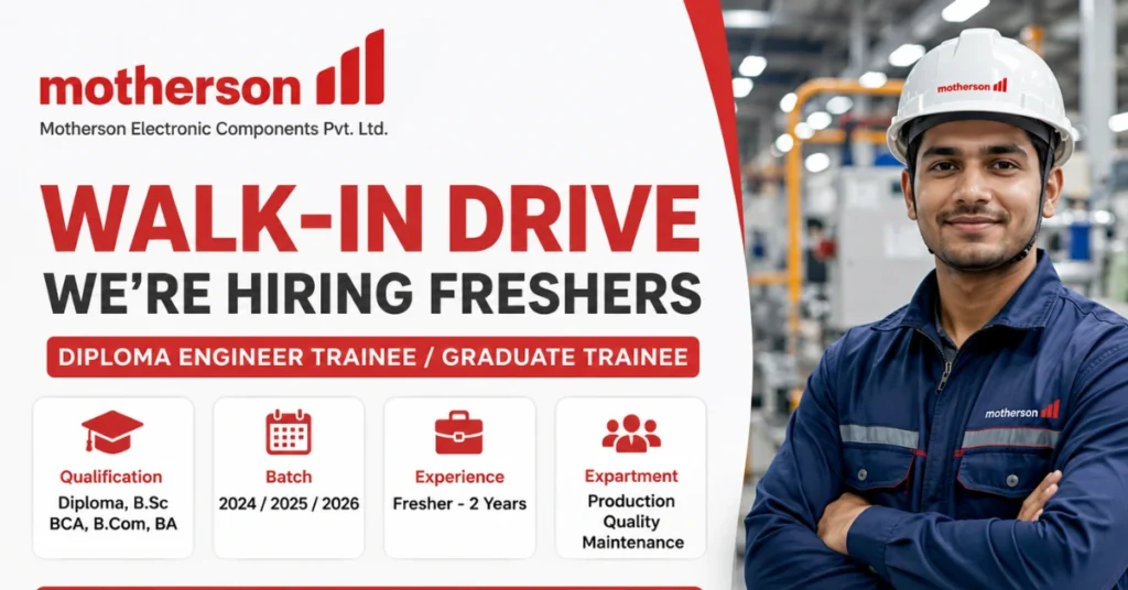 Motherson Recruitment 2026 walk-in drive thumbnail for Diploma Engineer Trainee and Graduate Trainee freshers hiring.