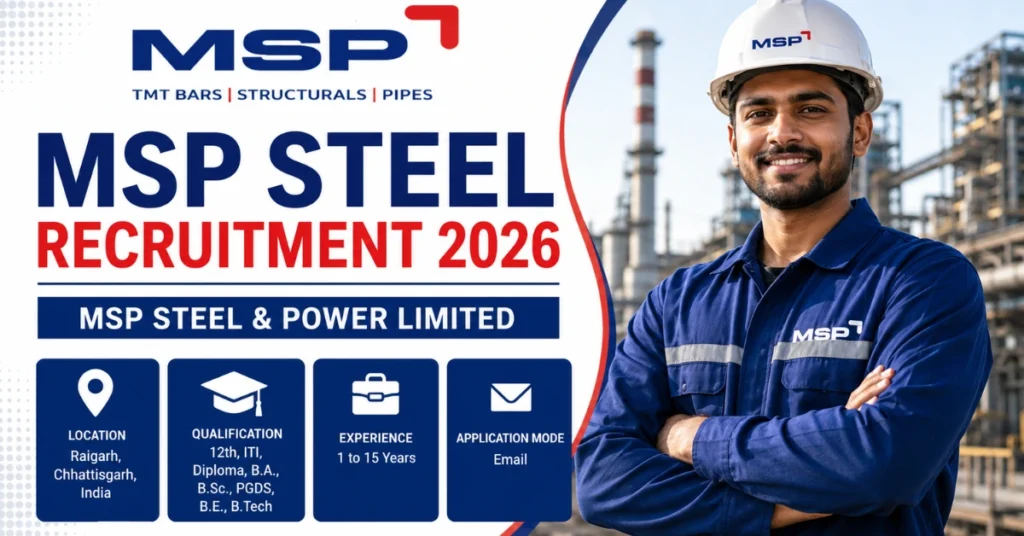 MSP Steel Recruitment 2026 website thumbnail featuring MSP Steel & Power Limited logo and hiring announcement for multiple engineering and technical positions.