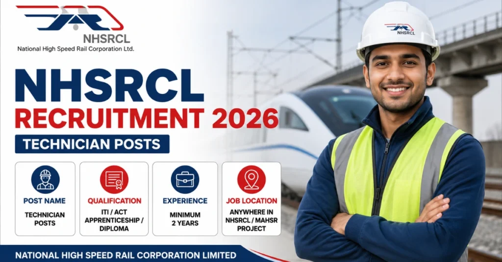 NHSRCL Recruitment 2026 thumbnail featuring Technician posts by National High Speed Rail Corporation Limited (NHSRCL).