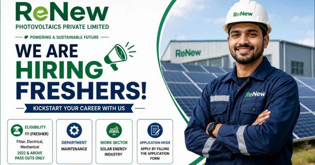 ReNew Photovoltaics Recruitment 2026 website thumbnail for ITI Fresher hiring in the Maintenance Department.