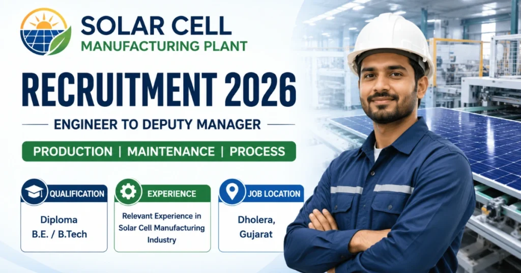 Solar Cell Manufacturing Plant Recruitment 2026 walk-in drive for Engineer to Deputy Manager positions in Production, Maintenance and Process departments.