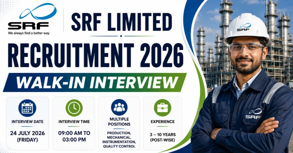 SRF Limited Recruitment 2026 Walk-in Interview thumbnail for multiple positions in Production, Mechanical, Instrumentation, and Quality Control.
