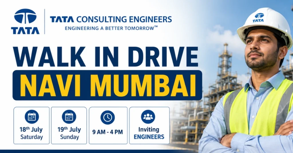 Tata Consulting Engineers Recruitment 2026 walk-in drive thumbnail for engineers and managers in multiple engineering disciplines.
