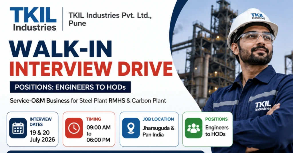 TKIL Industries Recruitment 2026 walk-in interview thumbnail for Engineers and HOD positions at Steel Plant RMHS and Carbon Plant projects.