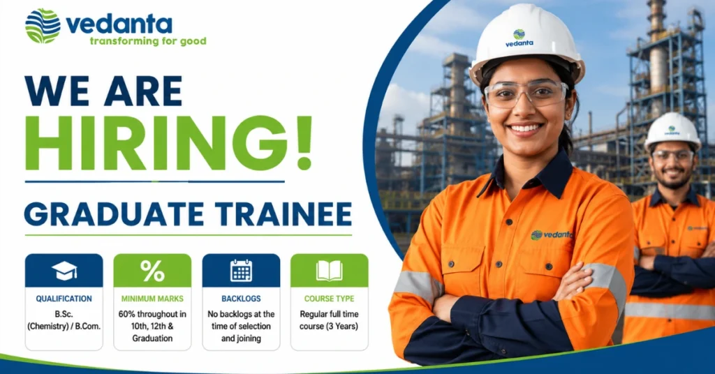 Vedanta Graduate Trainee Recruitment 2026 website thumbnail featuring Graduate Trainee hiring for B.Sc. Chemistry and B.Com graduates.