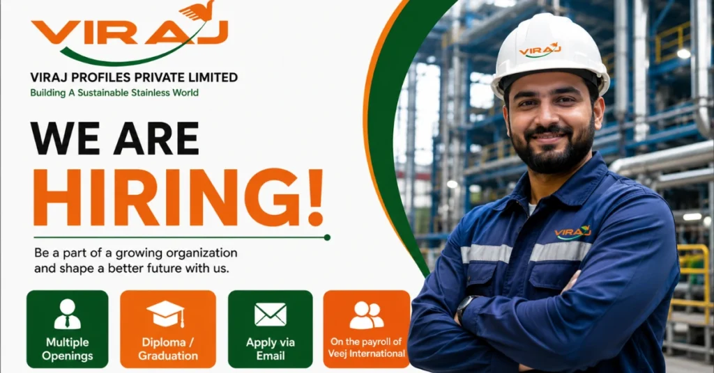 Viraj Profiles Recruitment 2026 website thumbnail featuring Diploma, Supervisor, and Trainee job openings at Viraj Profiles Private Limited.
